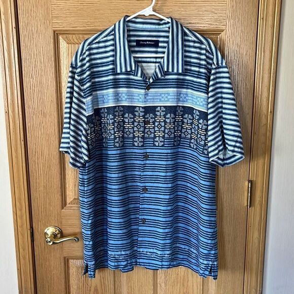 Tommy Bahama Blue Printed Short Sleeve Button Front Silk Shirt XXL - Picture 1 of 5
